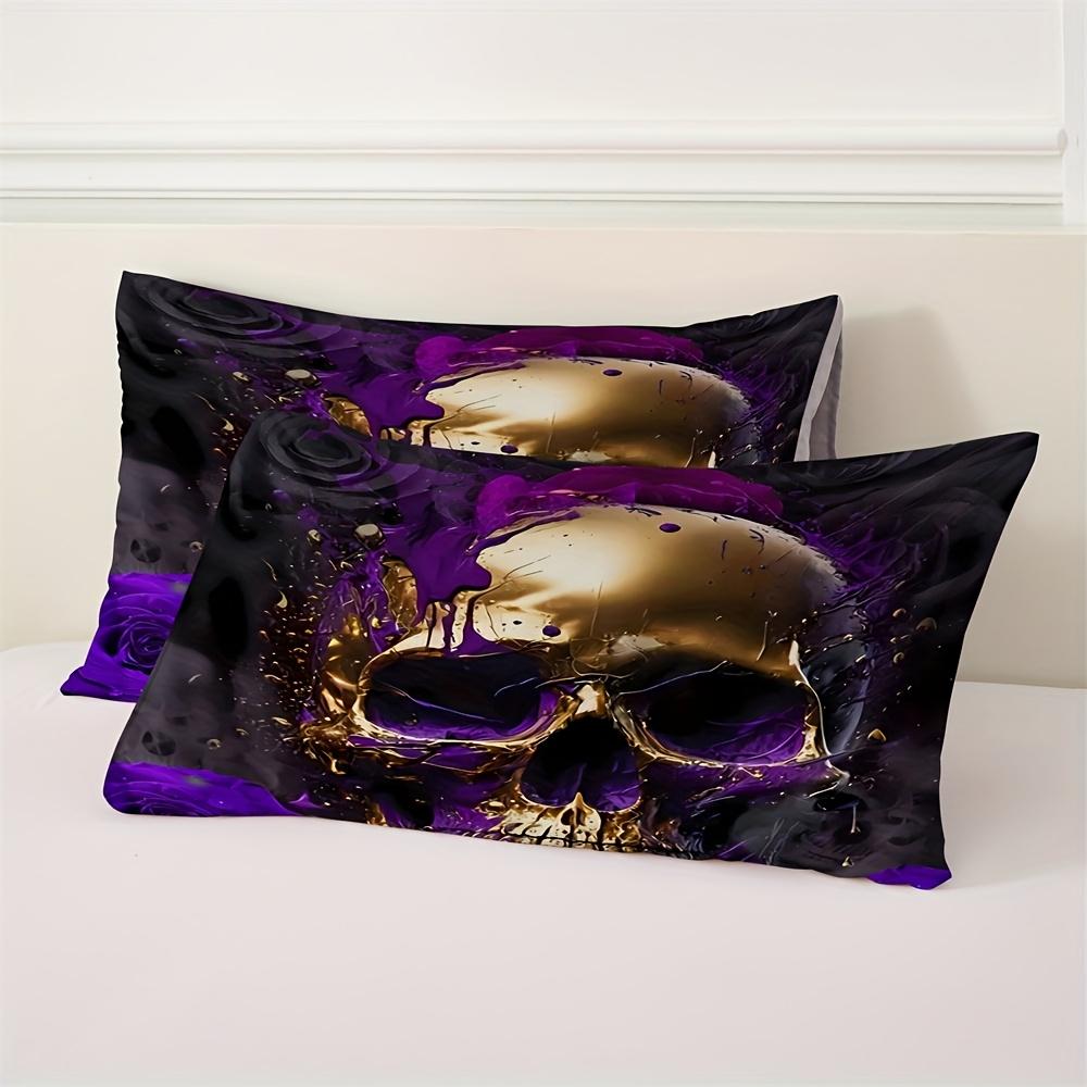 2/3Pcs Purple Rose Skull Pattern Breathable Duvet Cover Set (1 Duvet Cover + 1/2 Pillowcase Without Core) Soft Bedding Set