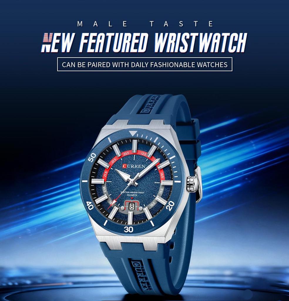 CURREN 8491 Men's Waterproof Quartz Watch with Rubber Strap and Calendar