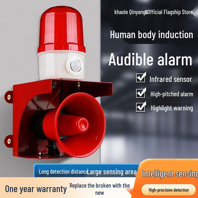 Infrared Motion Sensor Alarm with Sound and Light Alerts, High-Decibel Siren, and Voice Broadcast