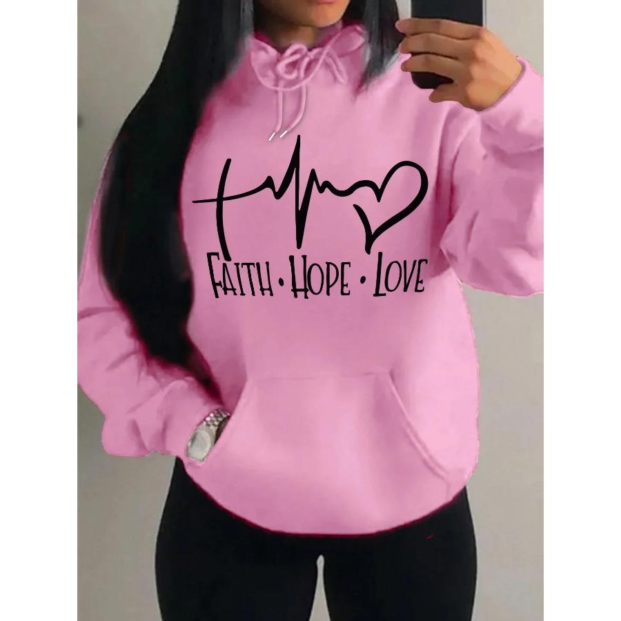 Faith Hope Love Letter Graphic Women Hoody Street Casual Loose Sweatshirt Autumn Fleece Hooded Hip Hop O-Neck Clothing Female
