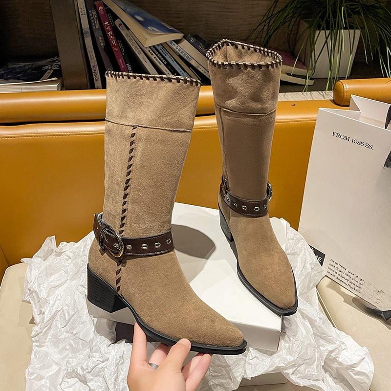 Fashion 2025 Fall/Winter New Retro Block Heel Pointed Toe Mid-Tube Boots Fashion Boots