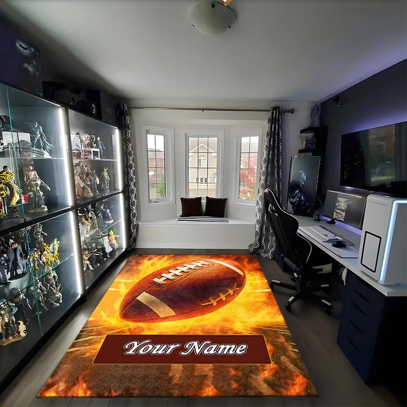 1PC Custom Name Football Fire Theme Floor Mat Ideal for Living Room, Game Rooms, Office, Bedroom, Office Floor Mat , Floor Mats for Home