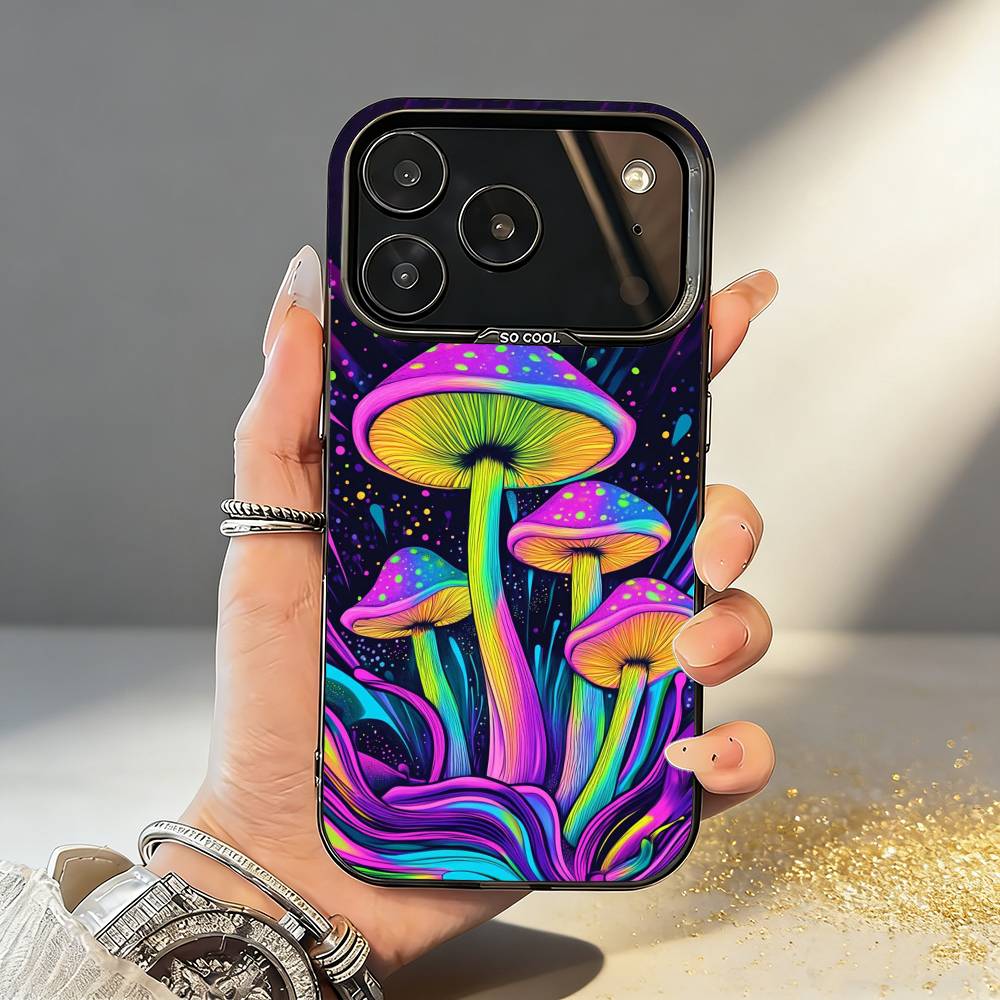 P-Psychedelic C-Colored M-Mushroom Phone Case For iPhone17,16,15,14,13,12,11,Pro,MAX Gray Matte Silicone Black Cover