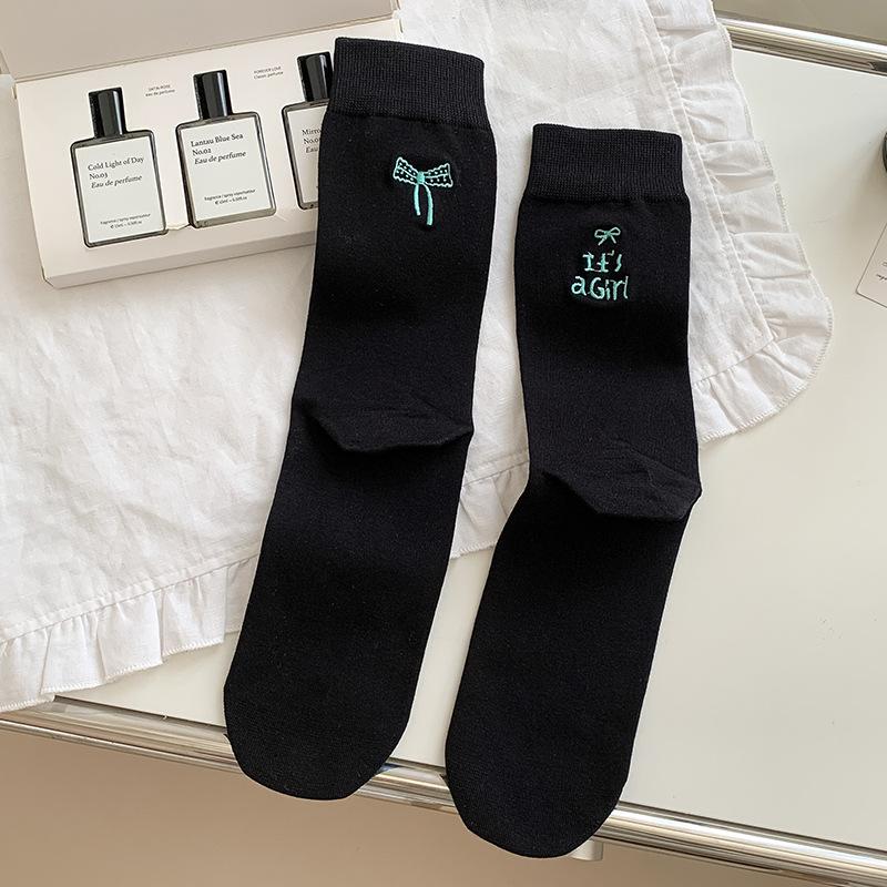 Socks Pure Cotton Boneless Stacking Socks Season Tide Letter Heel Embroidered Bow Medium Tube Socks One size чёрный