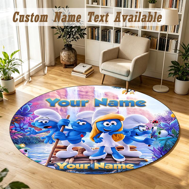 Round Rug Custom NameSmurfs Pattern Non Slip Carpet Home Floor Decor