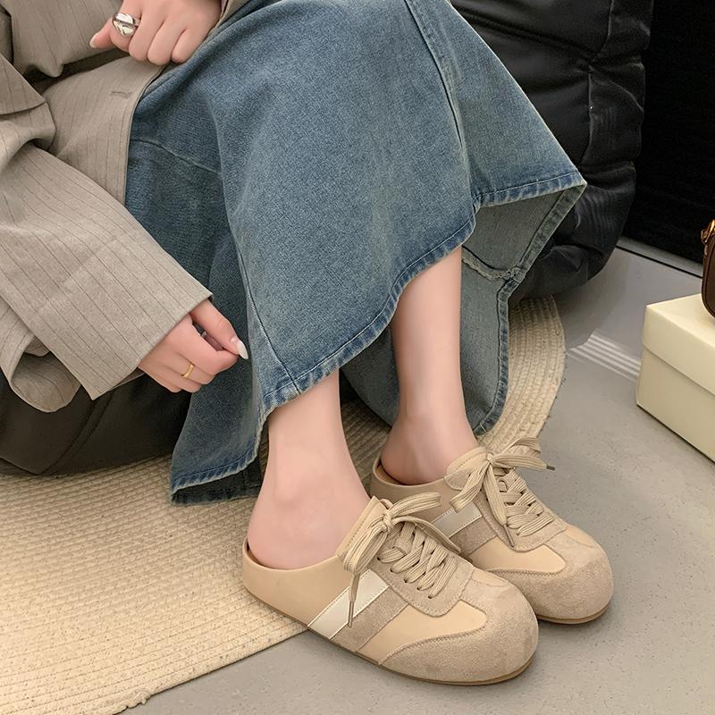 Fashion Spring Baotou Slippers for Women New Style Round Head Deep Mouth Splicing Front Lacing Soft Sole Non-slip Flat Shoes