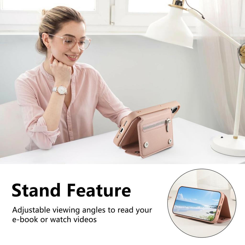 For iPhone 17 Pro Case D-Ring Holder Leather + PC + TPU Phone Cover with Wallet Kickstand