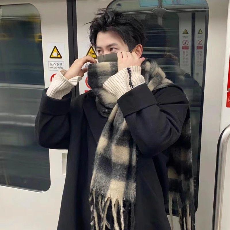 

Men s Winter Couple Plaid Korean Style Versatile Student Neck Warmer Thickened Warm Neck Protection Scarf