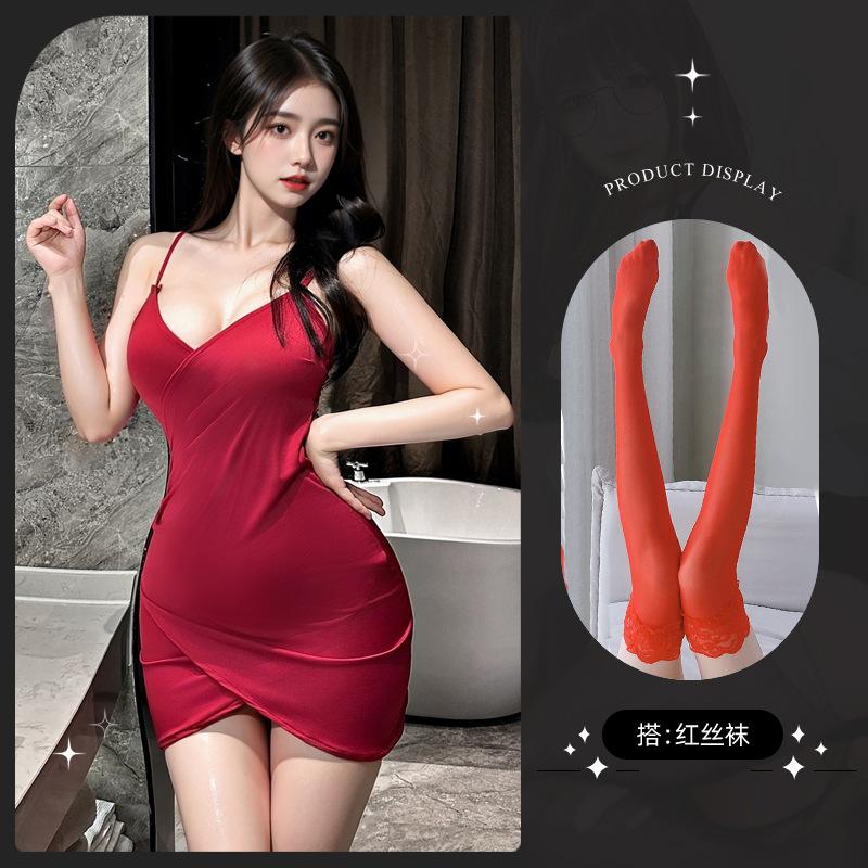 Low chest deep V neck waist thin hip skirt sexy suspender dress women