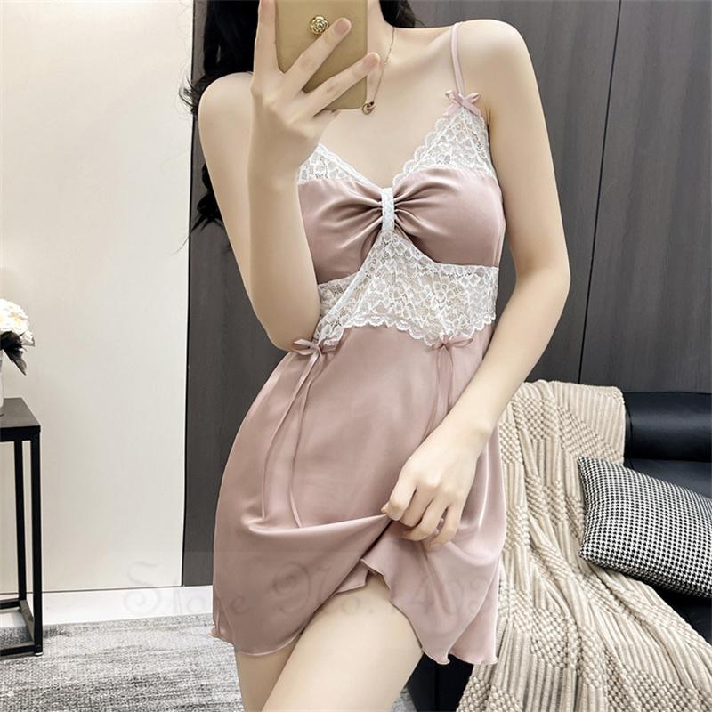 Female Patchwork Lace Twinset Robe Set Kimono Bathrobe Gown Sexy Sleepwear Nightgown Lingerie Silky Satin Home Dress Lounge Wear