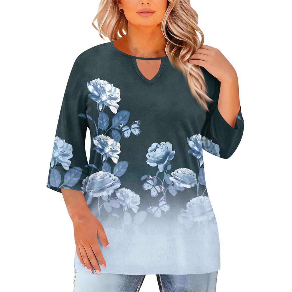 Women's Fashion Casual Round Neck Three-Quarter Sleeve Oversized Print Top