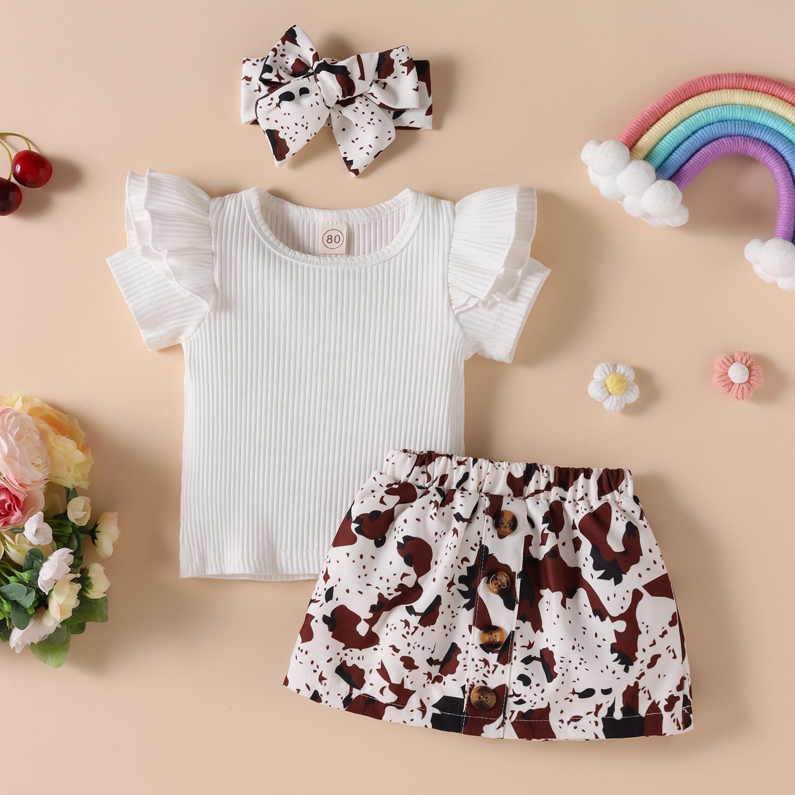 

Короткая юбка с леопардовым принтом и короткими рукавами в полоску для девочек, комплект из трех предметов, комплект из трех предметов для девочек, одежда для девочек