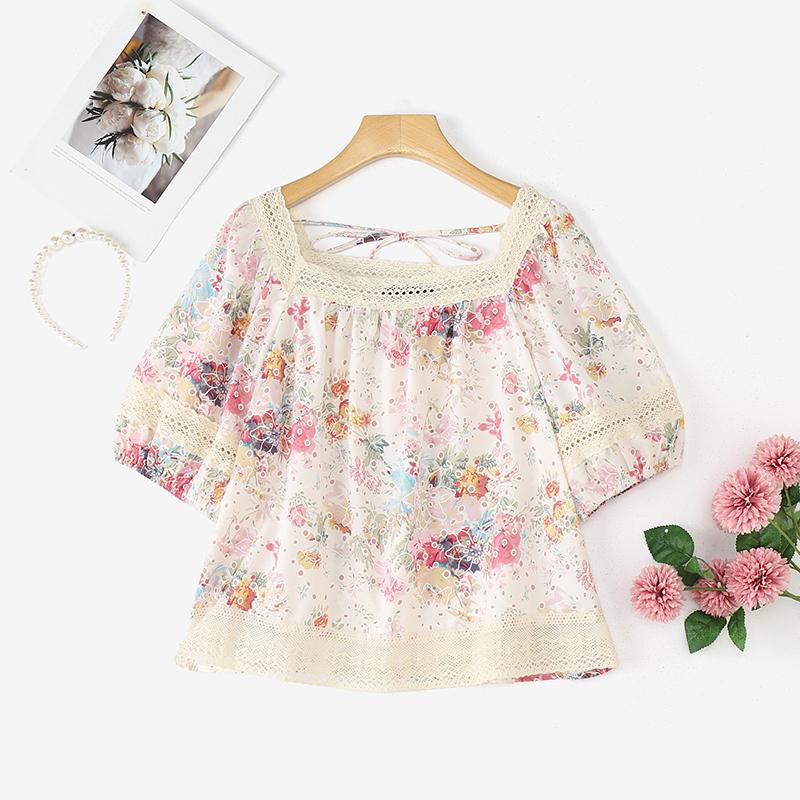 ZANZEA Women Lace Splice Square Collar Summer Short Sleeve Floral Blouse