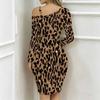 Women Plus Size Asymmetric Off Shoulder Long Sleeve Grey Black Leopard Print Irregular Wrap Bodycon Midi Dress