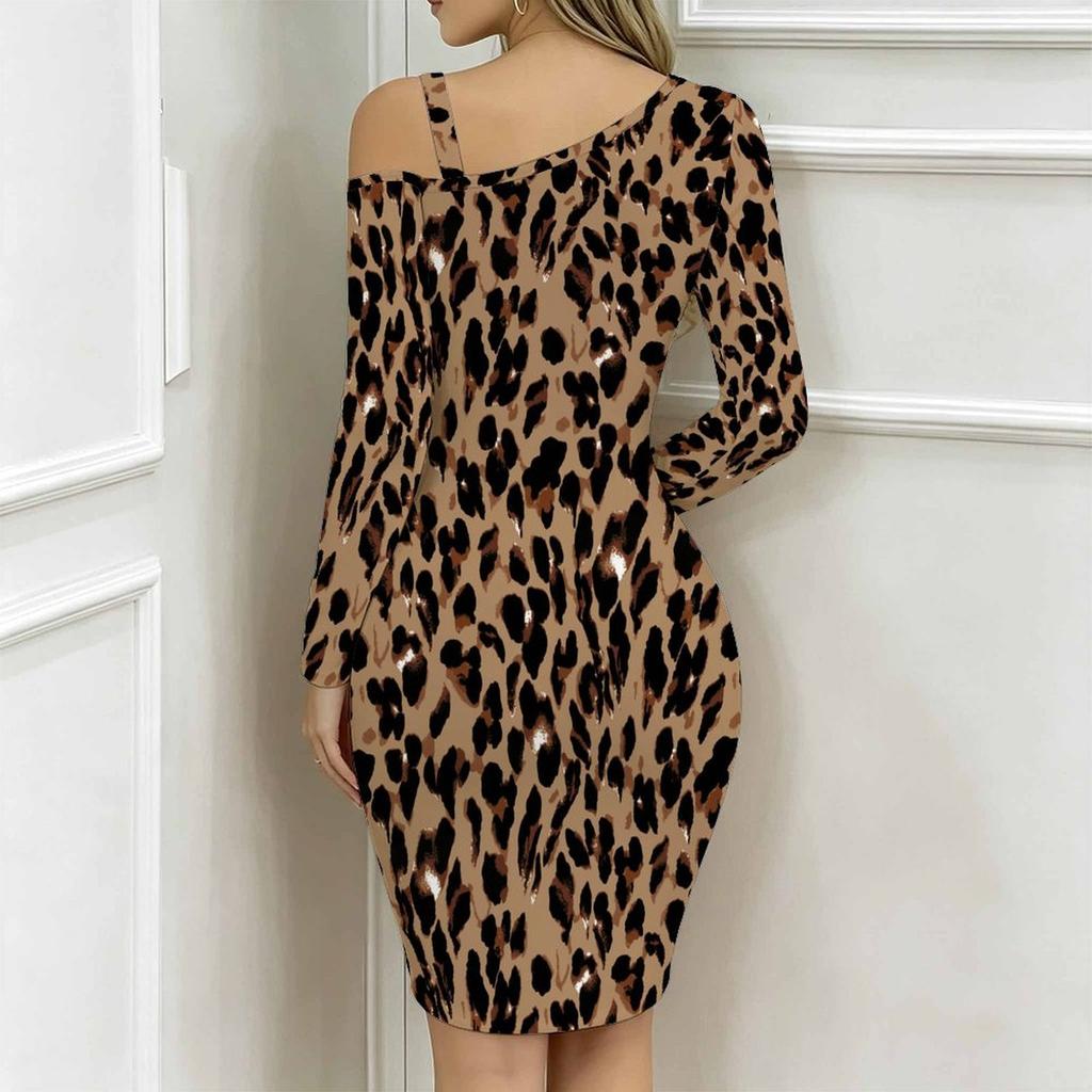Women Plus Size Asymmetric Off Shoulder Long Sleeve Grey Black Leopard Print Irregular Wrap Bodycon Midi Dress