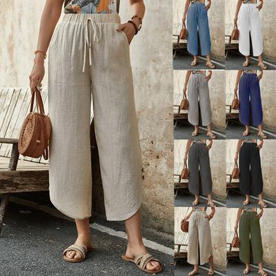 New Cotton and Linen Drawstring Cropped Pants with Pockets for Women, Loose Fit
