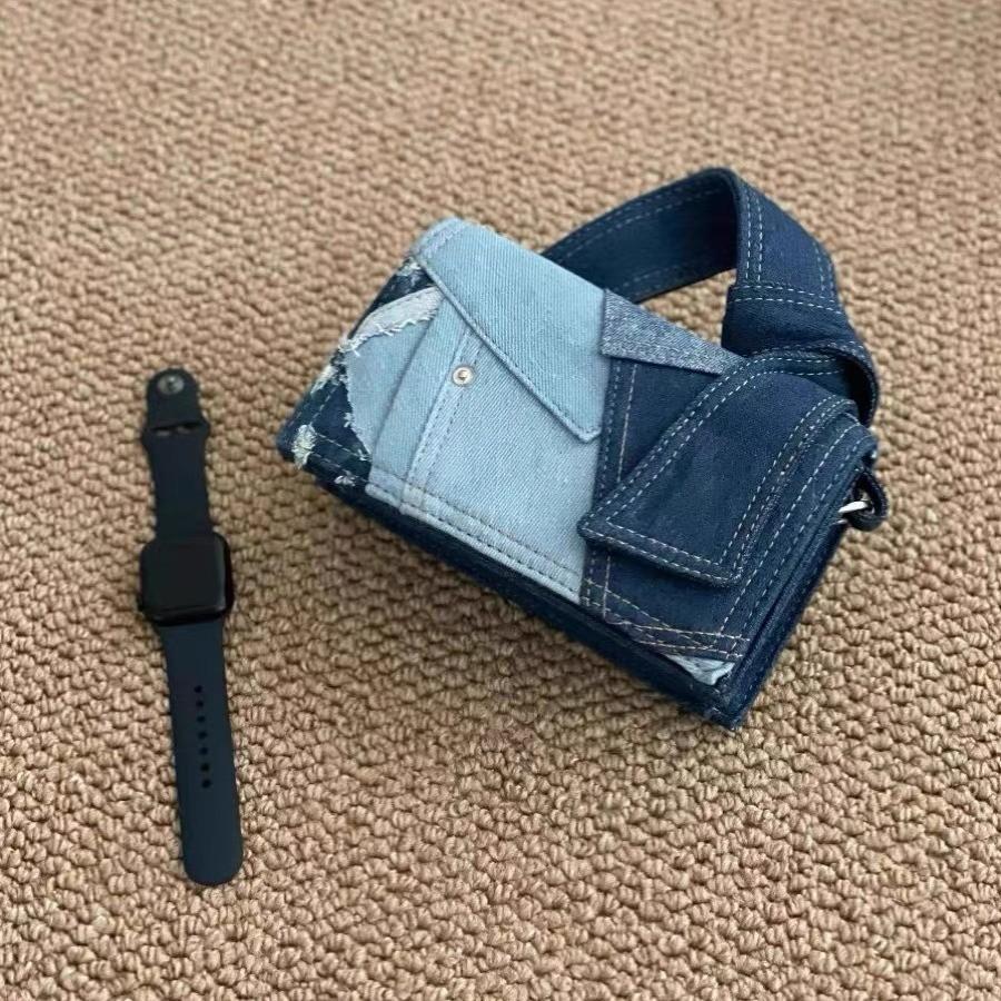 IELGY Niche Versatile Denim Spliced Oblique Span Bag, Commuter Portable Small Square Bag, Korean Casual Shoulder Bag