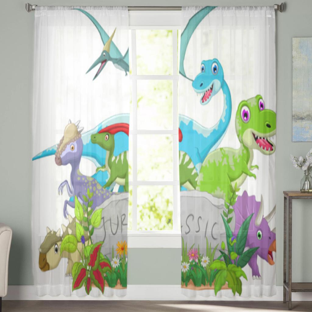 Funny Jurassic Animal Tulle Curtains For Living Room Bedroom Christmas Chiffon Sheer Voile Kitchen Curtain