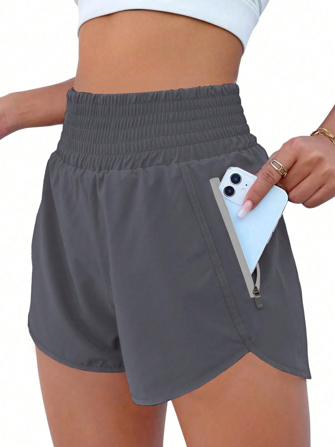 

Женские спортивные шорты с высокой талией, шорты для бега, спортивные шорты с карманами, эластичные шорты для тренировок в спортзале S темно серый