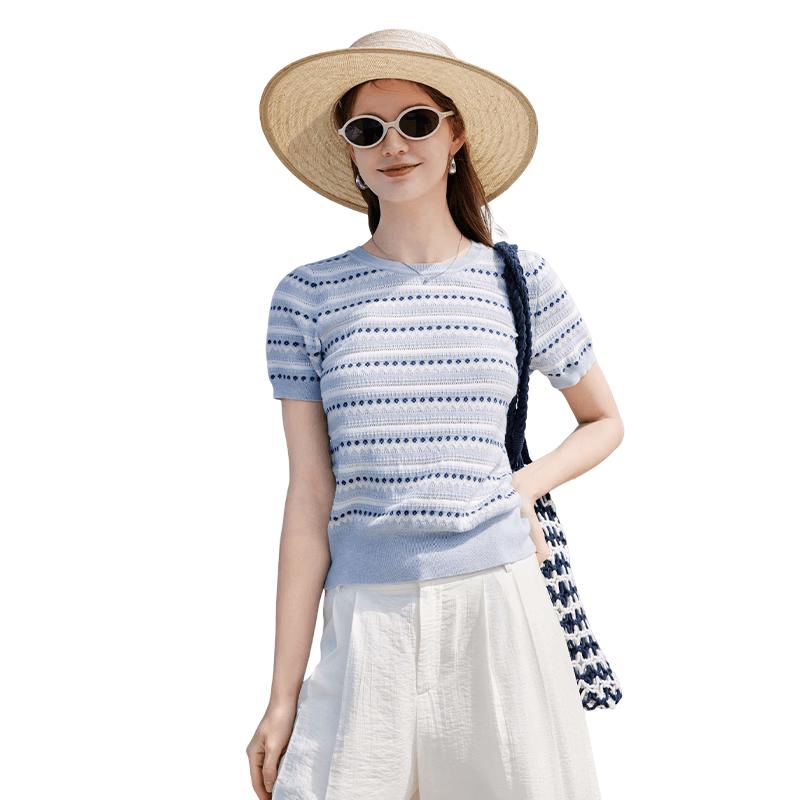 Women s Round Neck Striped Knit Short Sleeve Top M