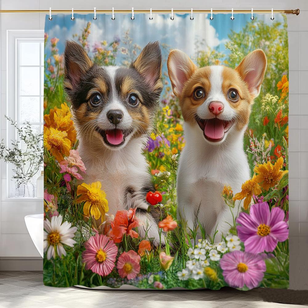 Cute Cats and dogs in the garden Shower Curtain, Bathroom Decorative Shower Curtain, Waterproof Shower Curtain with Hooks