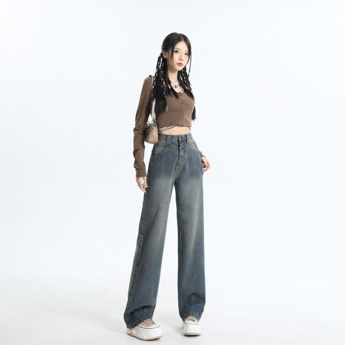 

2025 Autumn Wheat Ear & Starry Sky Wide-Leg Slimming Jeans for Women - Straight Floor-Length Pants 2XL