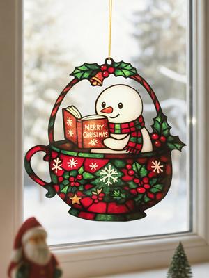 Acryl Fensterhänger - Niedlicher Schneemann liest Buch, Rotes & Grünes Teetassen-Design, Festliche Dekoration für Weihnachtsbaum & Heimdeko