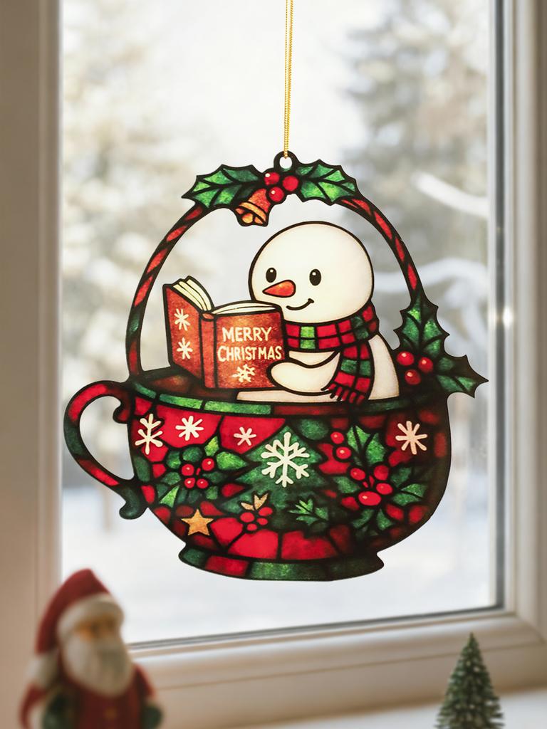 Acrylic Window Hanging Ornament - Cute Snowman Reading Book, Red & Green Teacup Design, Festive Decor for Xmas Tree & Home Decor