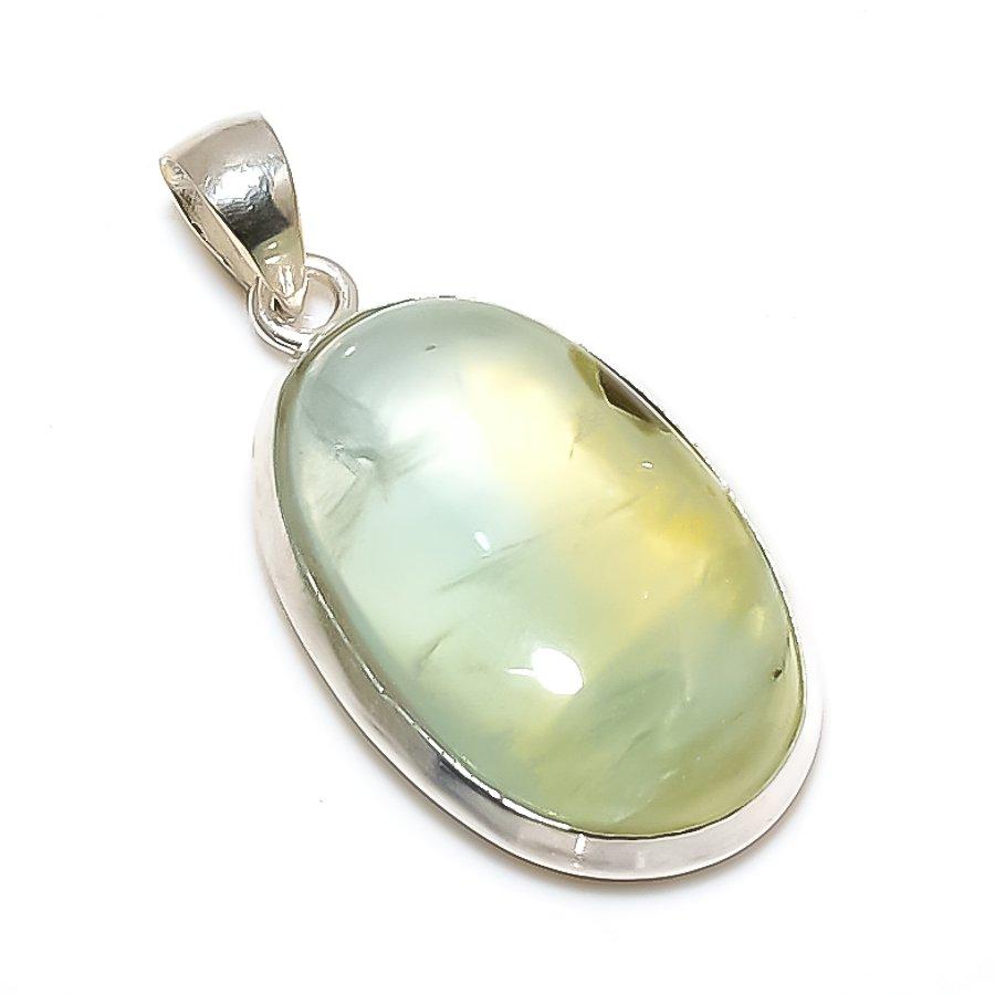 Prehnite Gemstone Handmade 925 Solid Sterling Silver Jewelry Pendant 1.50" SU-10291