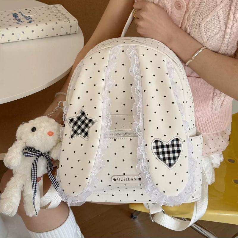 Creative Cute Bunny Ear Backpack Fashion Polka Dot Lace Decor Japanese Lolita Girl Preppy Backpack Lightweight Nylon Handbag