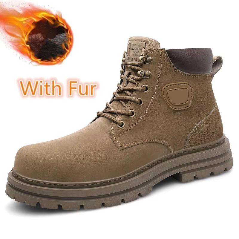 Fashion Warm Plush Fur Winter Botas High Top Mens Suede Leather Motorcycle Boots Non-Slip Lace-Up Outdoor Shoes New Arrival Basic Boots