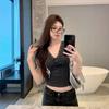 South East Asia new bow v-neck short-sleeved T-shirt women's summer slim-fit Spice Girl lace splicing top