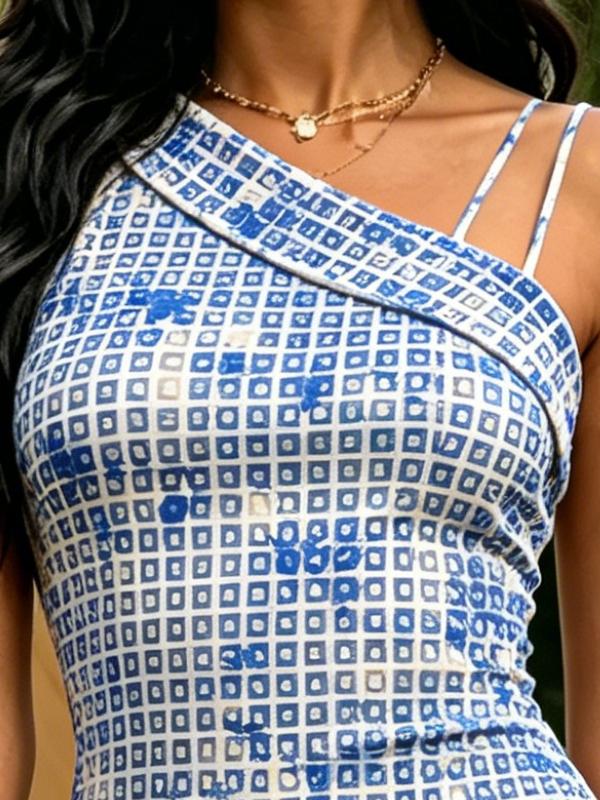Blue White Geometric Square Print One Shoulder Spaghetti Strap Bodycon Midi Dress Elegant Cocktail Dress