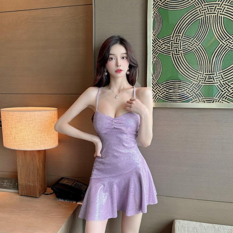 Spice girl sexy big halter shiny dress low cut dancing holiday suspender skirt night work clothes summer
