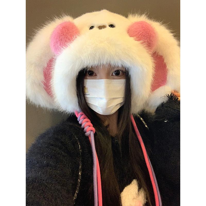 

Корейская милая шапка-плюш с кроличьими ушами для женщин на зиму, утолщенная теплая, подчеркивающая лицо, маленькая мультяшная шапка-ушанка one size
