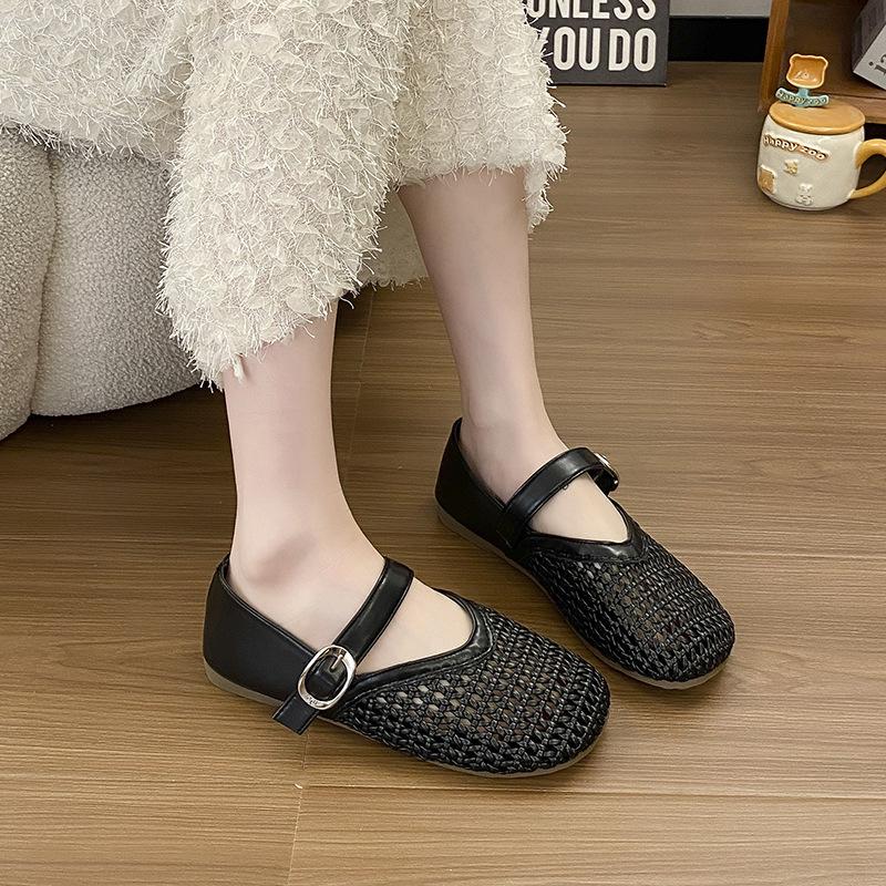 Hollow Fishing Net Crocheted One-word Strap Single Shoes Women's 2025 New Round Head Flat-soled Ballet Shoes Woven Mary Jane