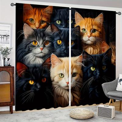 2panels Black White Cat Pet Washable Rod Pocket Curtain For Bedroom Office Kitchen Living Room Window Blinds Study Home Decor