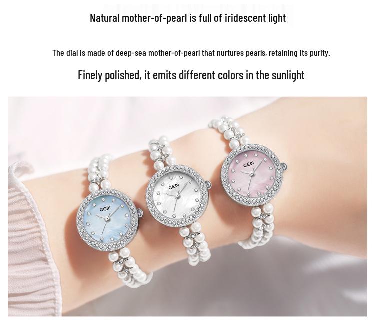Gedi Women's Diamond-Set Mother-of-Pearl Luxury Watch with Pearl Band and Quartz Movement