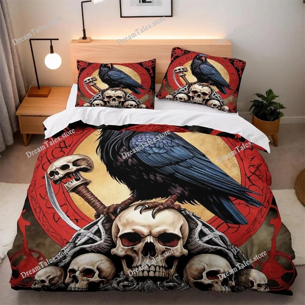 Crow Skeleton Microfiber Bedding Set with Pillowcases,Vintage 3D Printed Quilt Cover with Zipper for Kids Aldults Luxury Gift