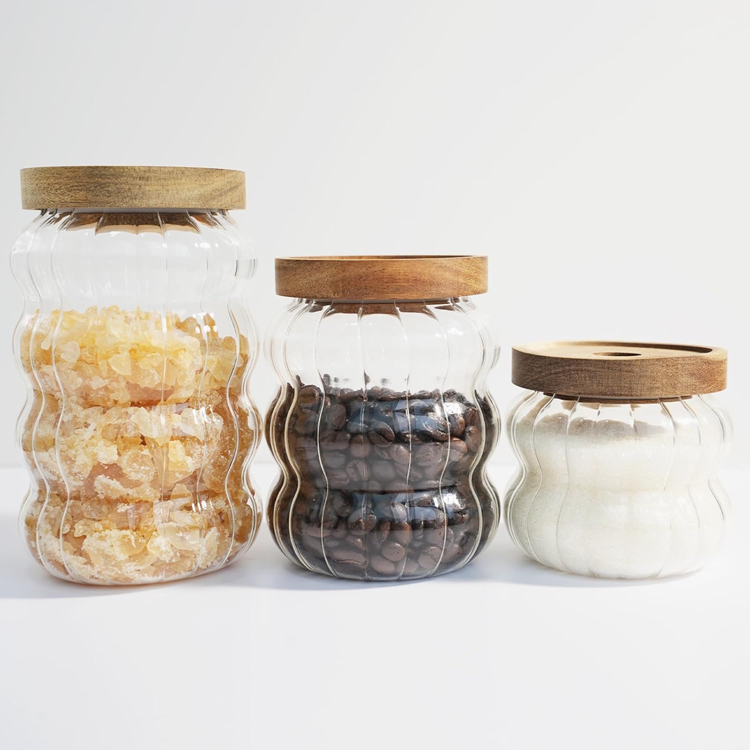 Cute Glass Jars with Wood Lid, 3-Pack Clear Storage Jars for Kitchen, Coffee, Sugar - Christmas Gift