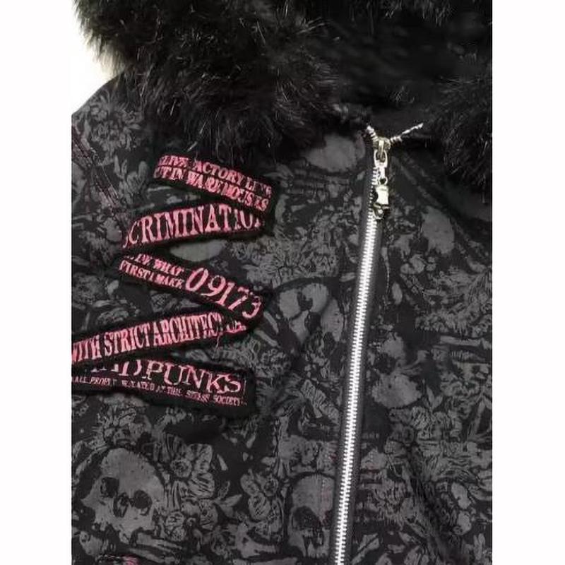 Goth Y2k Hoodies Jackets Women Vintage Harajuku Coat Aesthetic Fur Patchwork Hooded Jacket Zipper Coat