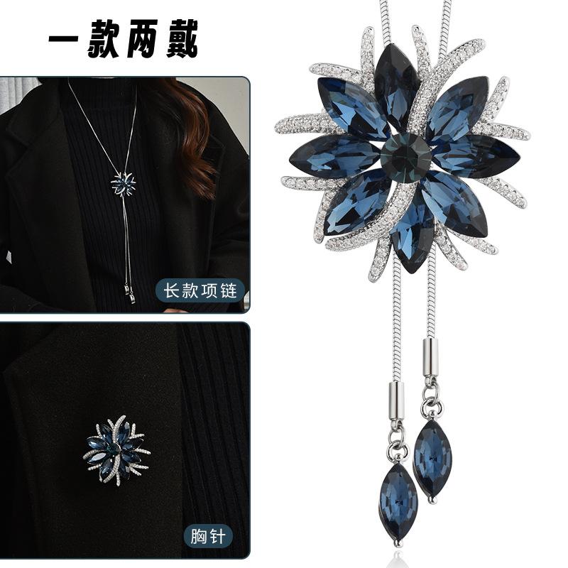 Suijue Pearl Sweater Chain Two Wear Crystal Flower Long Necklace Titanium Steel National Style Two Wear Function