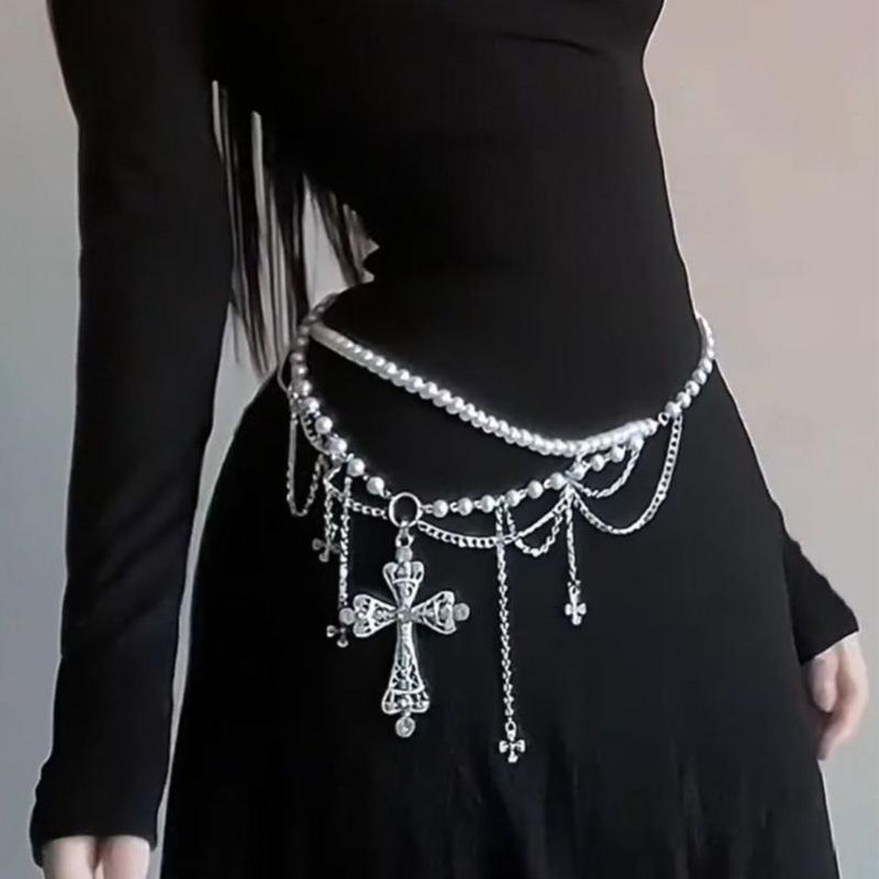 Edgy Crosses Design Pearls Chain Waist Chain For Punk Rock Concerts And Casual Streetwear