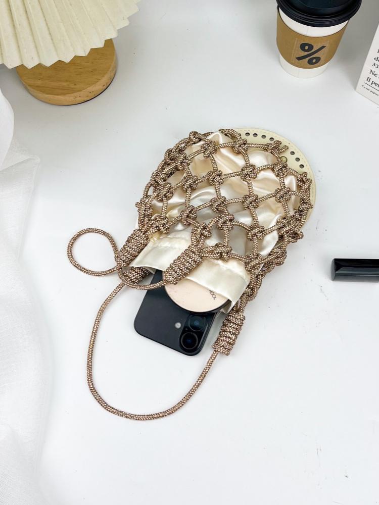 French Style Sparkling Diamonds Mesh Handbag Lady Handmade Woven Bag Hollow Out Bucket Bag Armpit Bag Vacation Travel Beach Bags