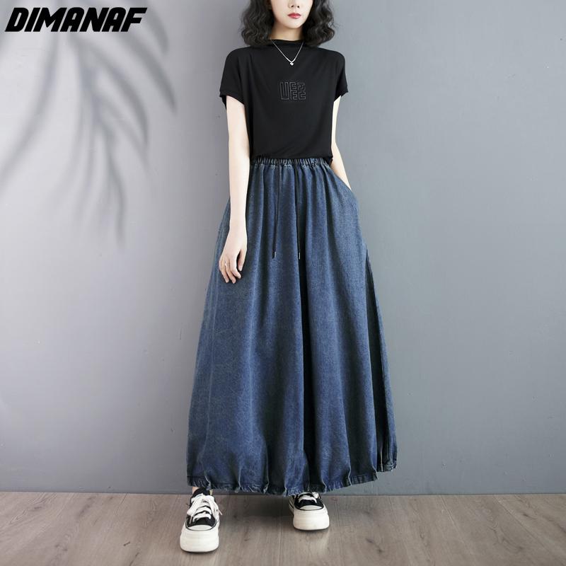 

DIMANAF женские большие размеры весенне-летние юбки с эластичной резинкой на талии Повседневная свободная винтажная длинная синяя джинсовая юбка макси 2024