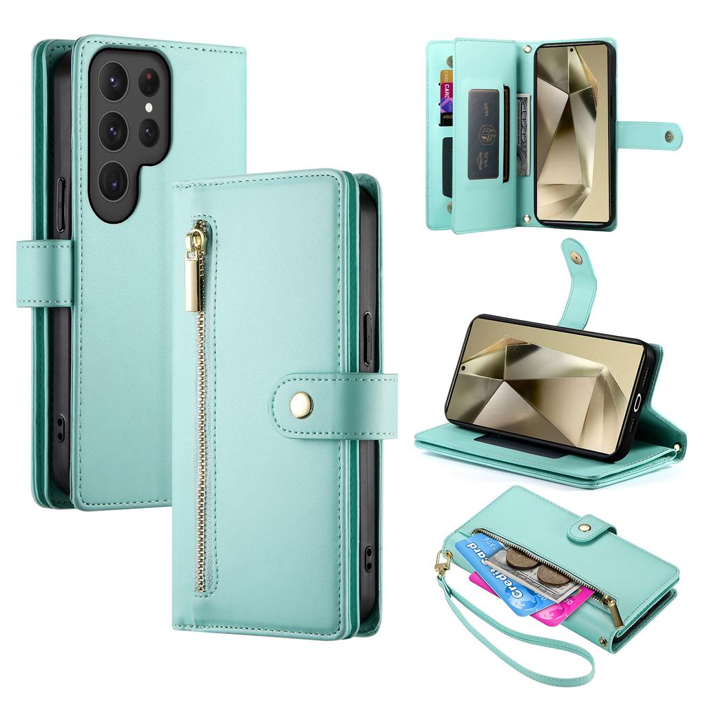 For Samsung Galaxy S25 Ultra Case Zipper Pocket Wallet Leather Phone Cover with Straps