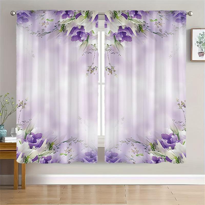 2 Pcs Elegant Purple & White Ombre Floral Curtains – Modern Rod Pocket Design for Living Room & Kitchen Decor