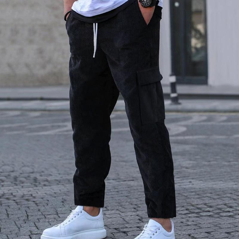 Men's corduroy trousers solid color sweatpants loose straight multi-pocket men's thin casual pants autumn and winter