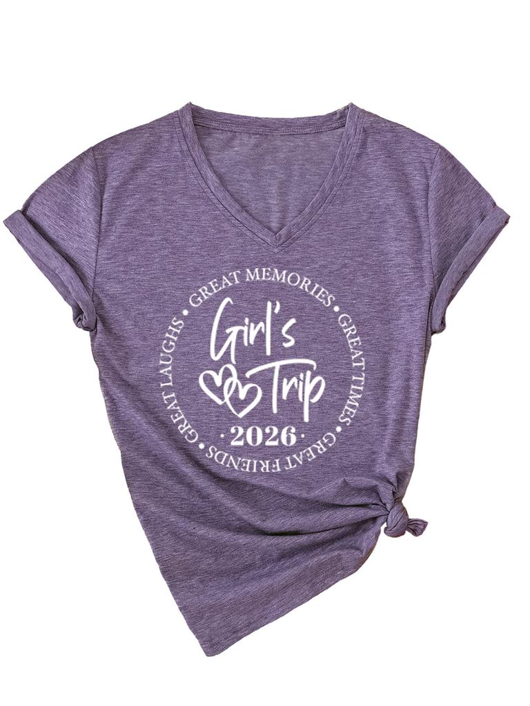 Casual and Comfortable Women's Girl's Trip Temperament V-neck Short-sleeved T-shirt