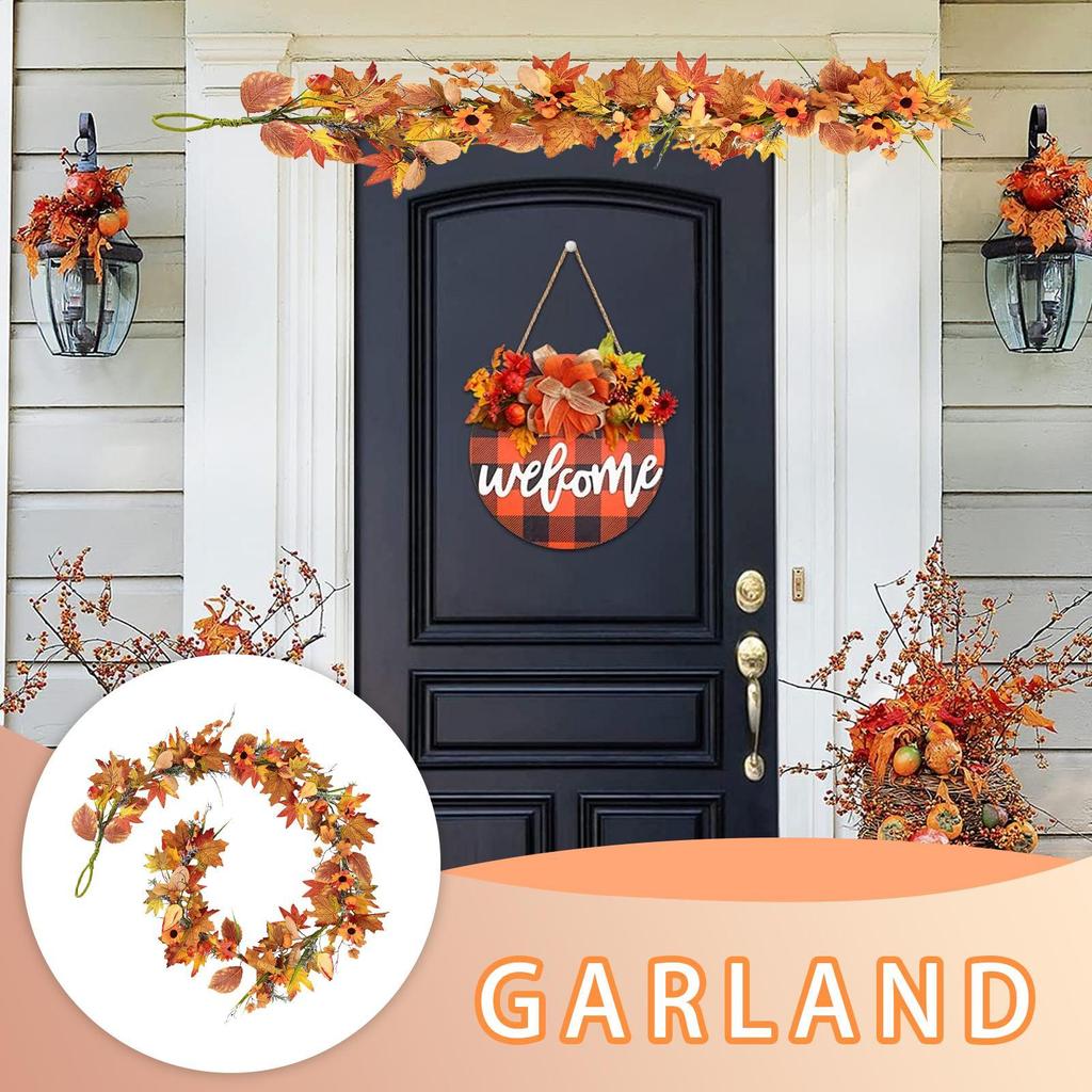 Autumn Leaves Garland 5.9ft Artificial Home Decor Pumpkin Leaves Fall Garland Outdoor Decor For Party Fireplace Front Door Patio